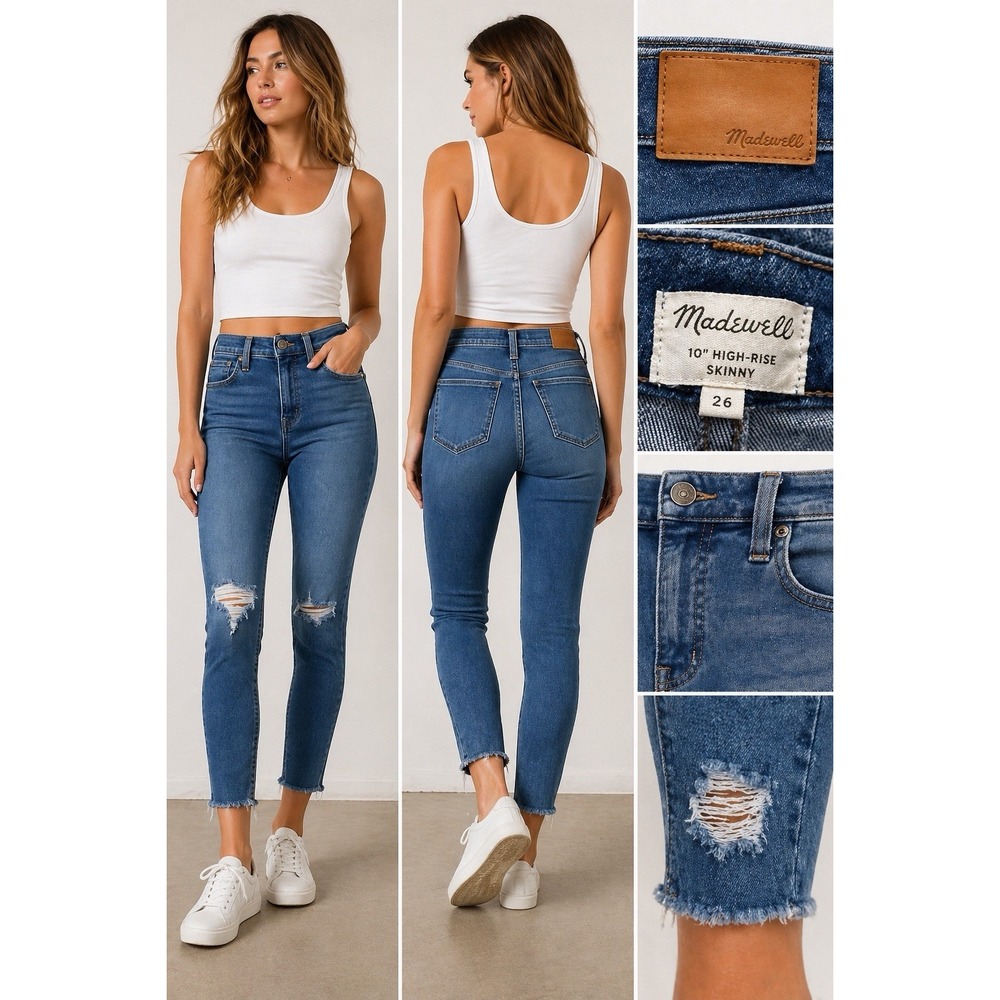 Madewell Jeans Women's 26 High Rise Skinny Distressed Raw Hem Crop Blue Casual